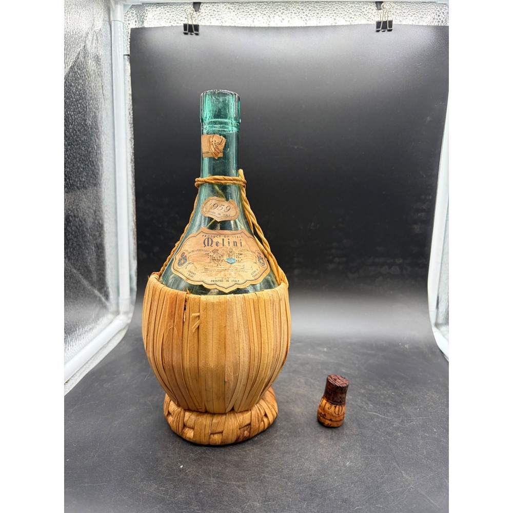 Vintage 1959 Melini Chianti Wine Bottle Italian Green Glass Straw Raffia Fiasco